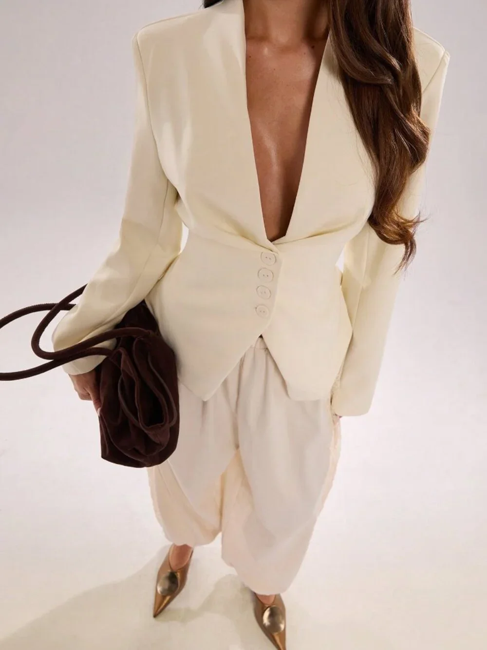 Beige Elegant Women's Slim Fit Single-Breasted Long Sleeve Blazer Jacket